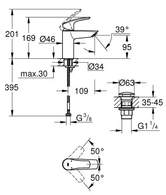 Смеситель однорычажный для раковины GROHE Eurosmart, донный клапан, размер S, матовый чёрный (239222433)