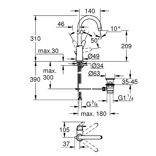 Смеситель для раковины с донным клапаном, размер L, хром Grohe BauFlow 23753000