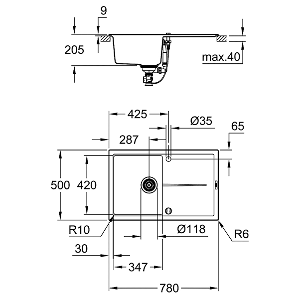 Мойка GROHE K400, 780 x 500 мм, серый гранит 31639AT0