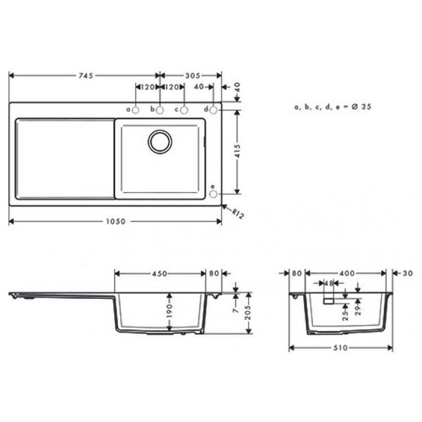 Мойка S51, композитная, с крылом, 510х1050, черный гранит Hansgrohe 43314170