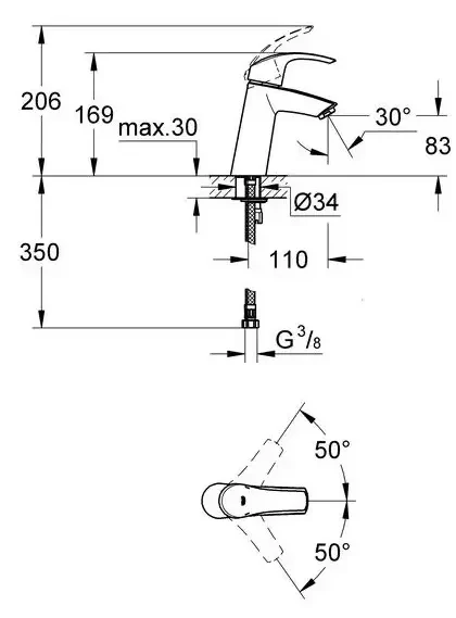 Смеситель однорычажный для раковины GROHE Eurosmart, 1/2″, размер M, матовый чёрный (233242433)