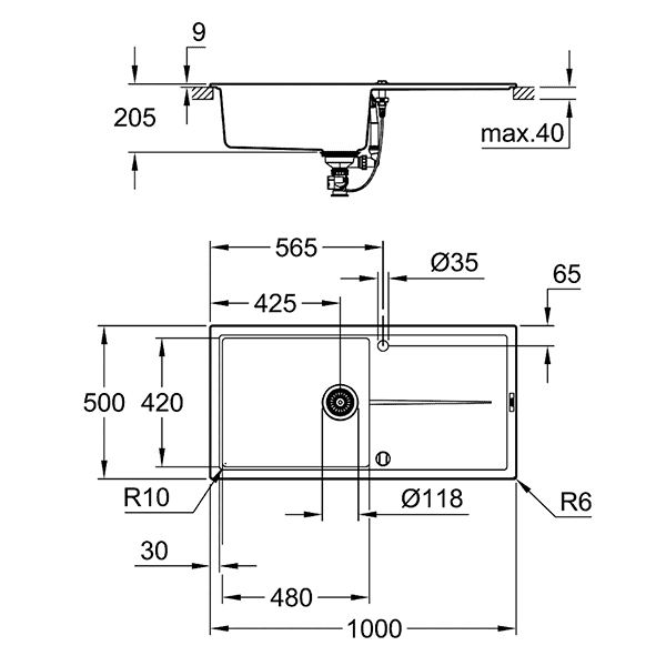 Мойка композитная GROHE K400, 1000 x 500 мм, черный гранит (31641AP0)