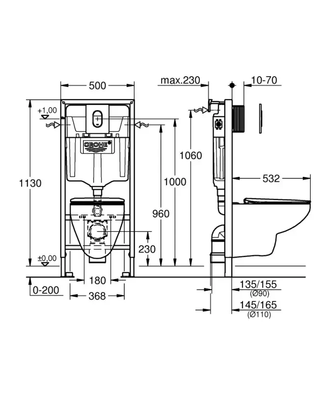 Комплект 5в1: Инсталляция с панелью смыва, унитаз с сиденьем Grohe Bau Ceramic Slim 36504000