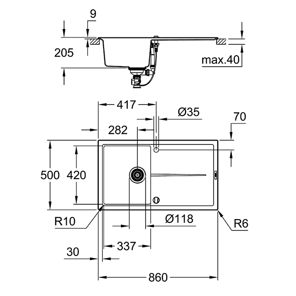 Мойка K400, композитная, оборачиваемая, с 1 чашей и крылом, 860x500, черный гранит Grohe 31640AP0