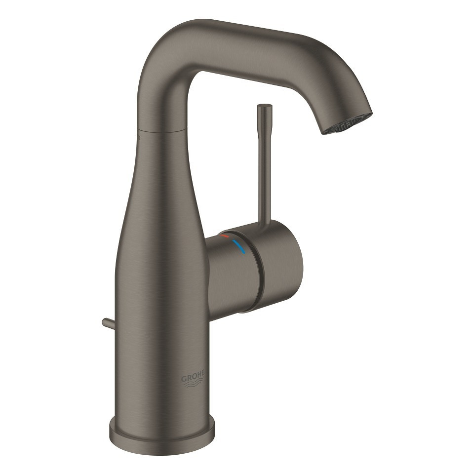 Смеситель однорычажный для раковины GROHE Essence, размер M, рычажный донный клапан, темный графит матовый
