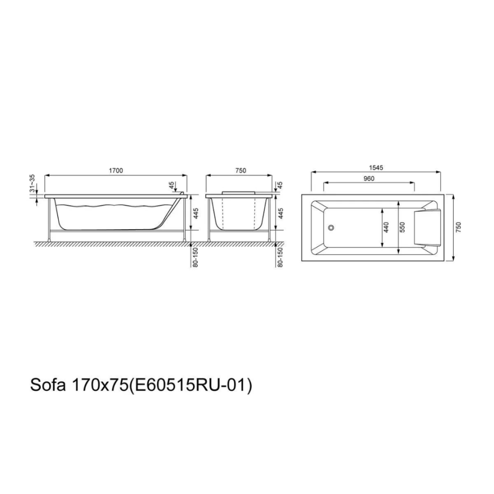Ванна прямоугольная 170х75, акрил, белая Jacob Delafon Sofa E60515RU-01