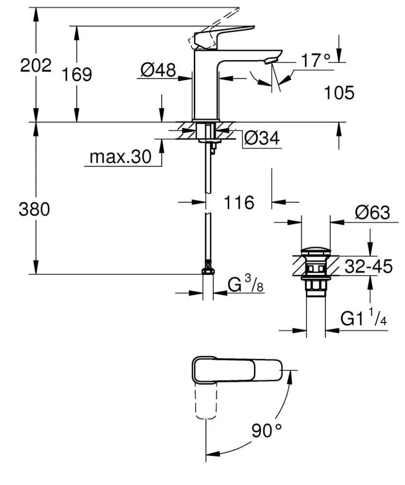 Смеситель для раковины, размер M, хром Grohe Cubeo 1017570000