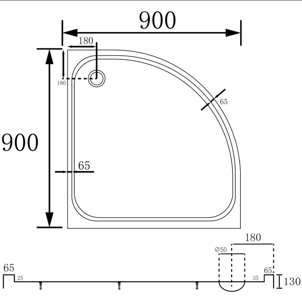 Душевой поддон ABBER AD3A090 90х90 четверть круга, акриловый, белый
