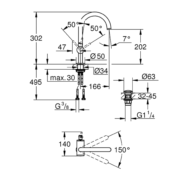Смеситель для раковины с донным клапаном, размер L, хром Grohe AtRio 32042003