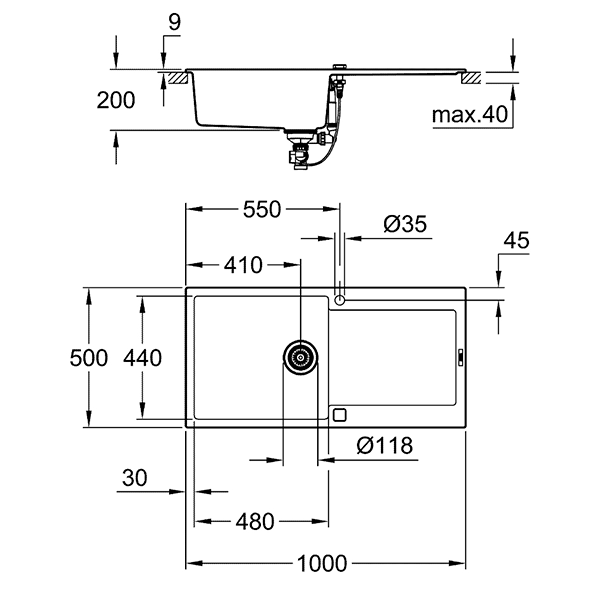 Мойка K500, композитная, оборачиваемая, с 1 чашей и крылом, 1000x500, черный гранит Grohe 31645AP0