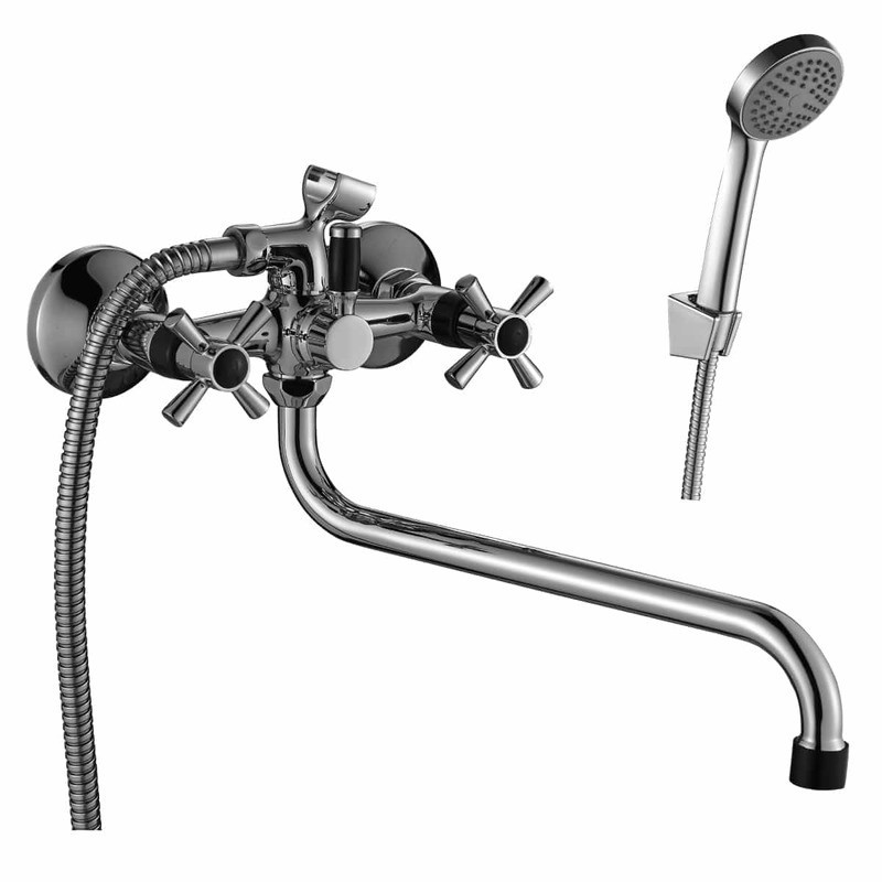 DR46045-Black Смеситель двуручный универсальный с поворотным изливом 300мм, черный/хром