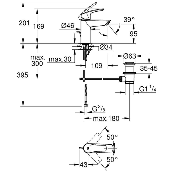 Смеситель для раковины с рычажным донным клапаном, размер S, хром Grohe 33265003