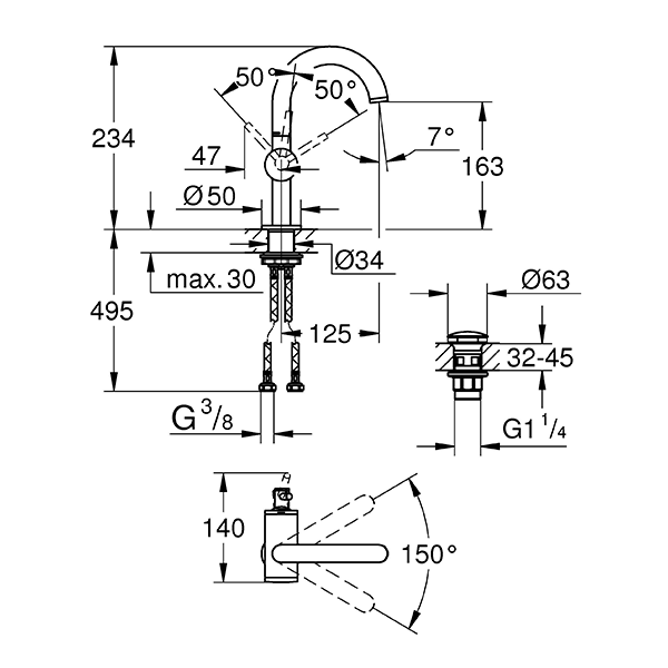 Смеситель для раковины с донным клапаном, размер M, хром Grohe AtRio 32043003