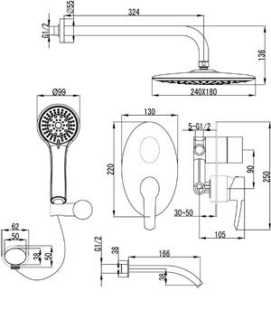 LM3222C Атлантисс Смеситель для ванны и душа встраиваемый с дополнит 5 функц лейкой,хром (к/к 4)