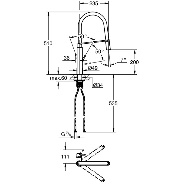 Смеситель для кухни с профессиональной лейкой, черный/хром Grohe Concetto 31491000