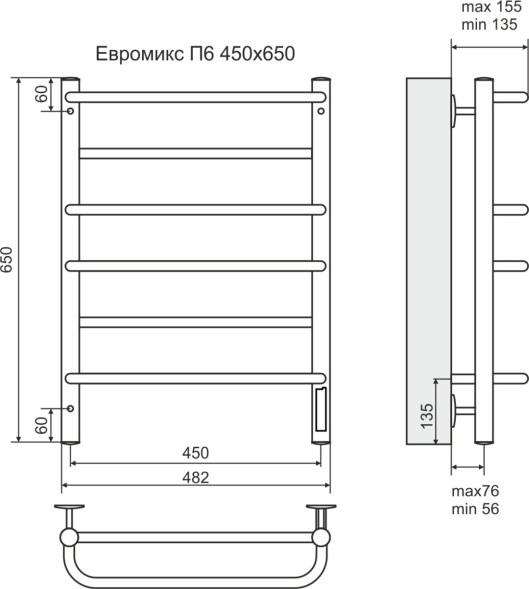 Полотенцесушитель Евромикс П6 450х650 электро (NEW встроенный диммер) порошковый черный мат Терминус