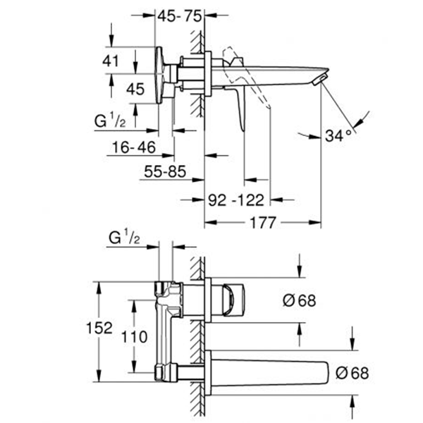 Смеситель для раковины, размер M, на 2 отверстия, хром Grohe BauEdge New 20474001