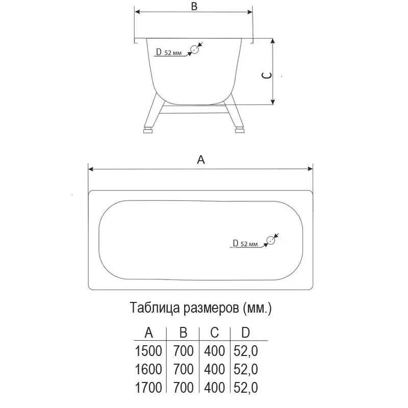 Ванна стальная MARION 150*70*40 прямоугольная с опорной подставкой, белый ирис, без ранта