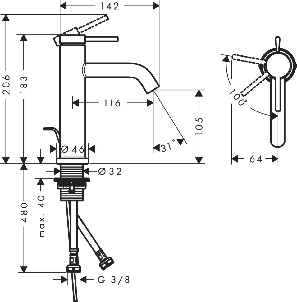 Смеситель для раковины 110, с донным клапаном, черный Hansgrohe Tecturis S 73314670