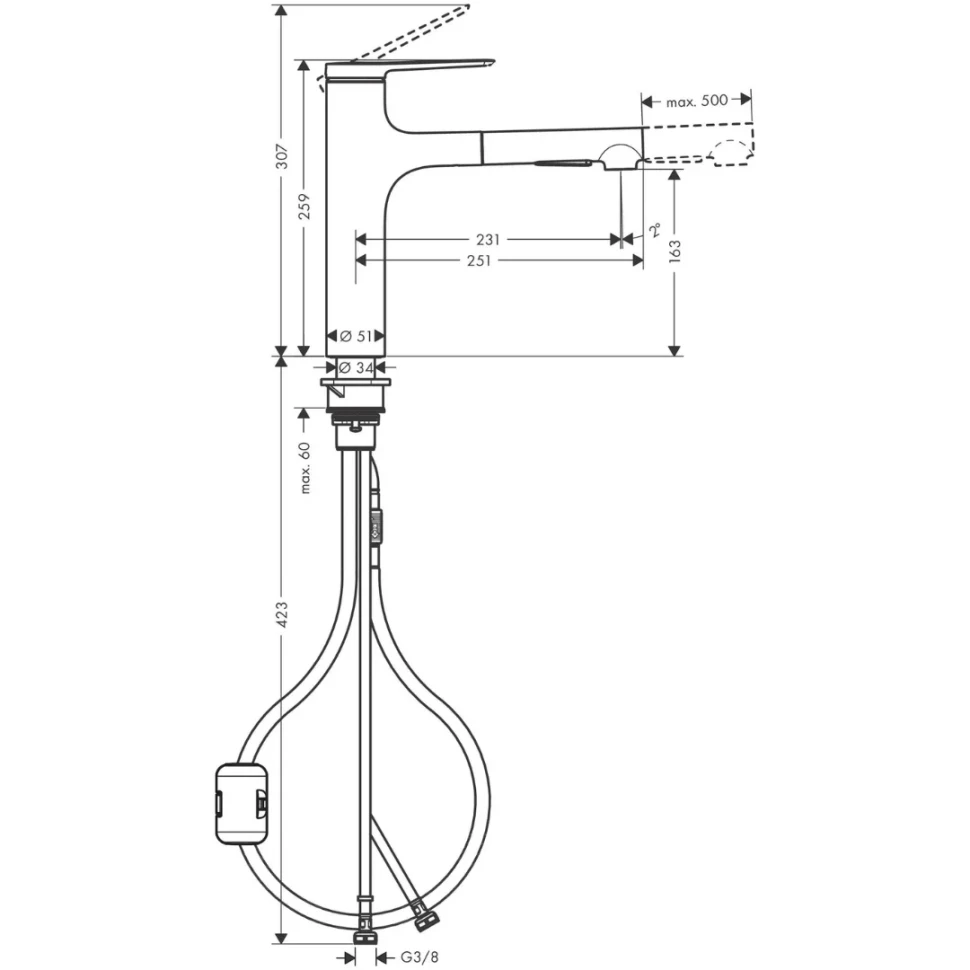 Смеситель для кухни 160, вытяжной излив, хром Hansgrohe Zesis M33 74801000
