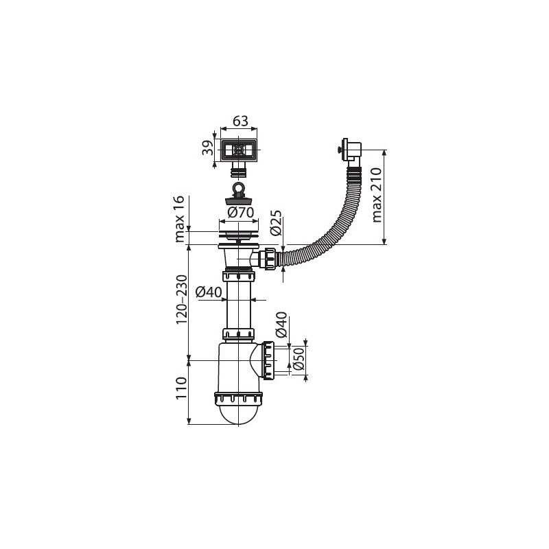 Сифон для раковины с нержавеющей решеткой d70 и гофропереливом Alcaplast A444-DN50/40