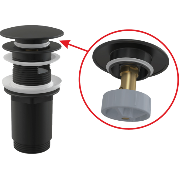 A392 BLACK Донный клапан сифона для умыв. click/clack 5/4", ц-мет. с переливом и большой загл черный