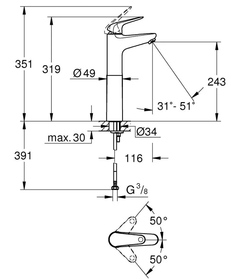 Смеситель для раковины Grohe Euroeco однорычажный, размер XL, размер XL, хром (24273001)