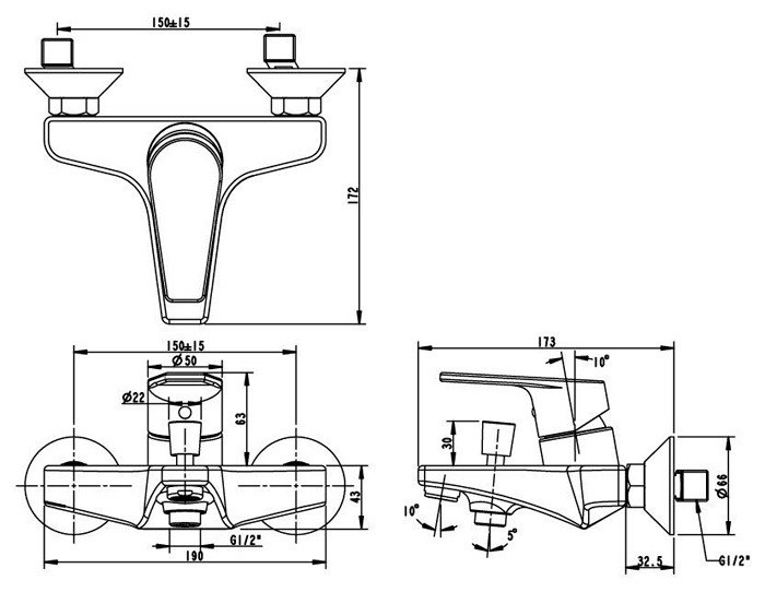 F65299C-1 BRAVAT LINE Смеситель для ванны с коротким изливом