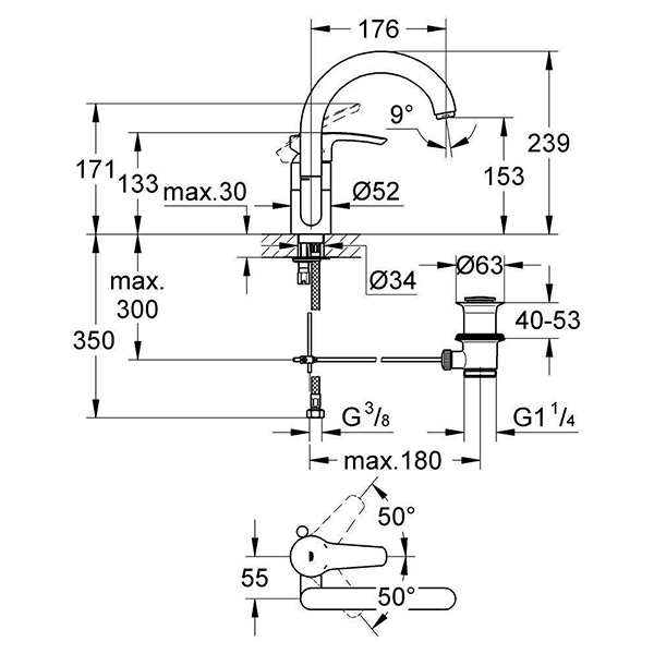 Смеситель для раковины с донным клапаном, размер L, высокий излив, хром Grohe Eurostyle 32444001