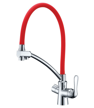 LM3070C-Red Комфорт Смеситель для кухни, с гибким изливом, с подкл. к фильтру пит воды, хром красн