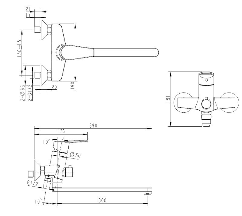 F65299C-1L BRAVAT LINE Смеситель для ванны с длинным изливом (к/к 4)
