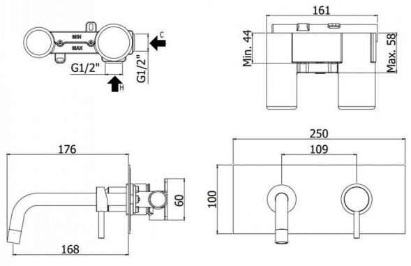 LIG101CR/M Light Смеситель для раковины встраиваемый, накладка. излив 175мм, хром/металл (216479)