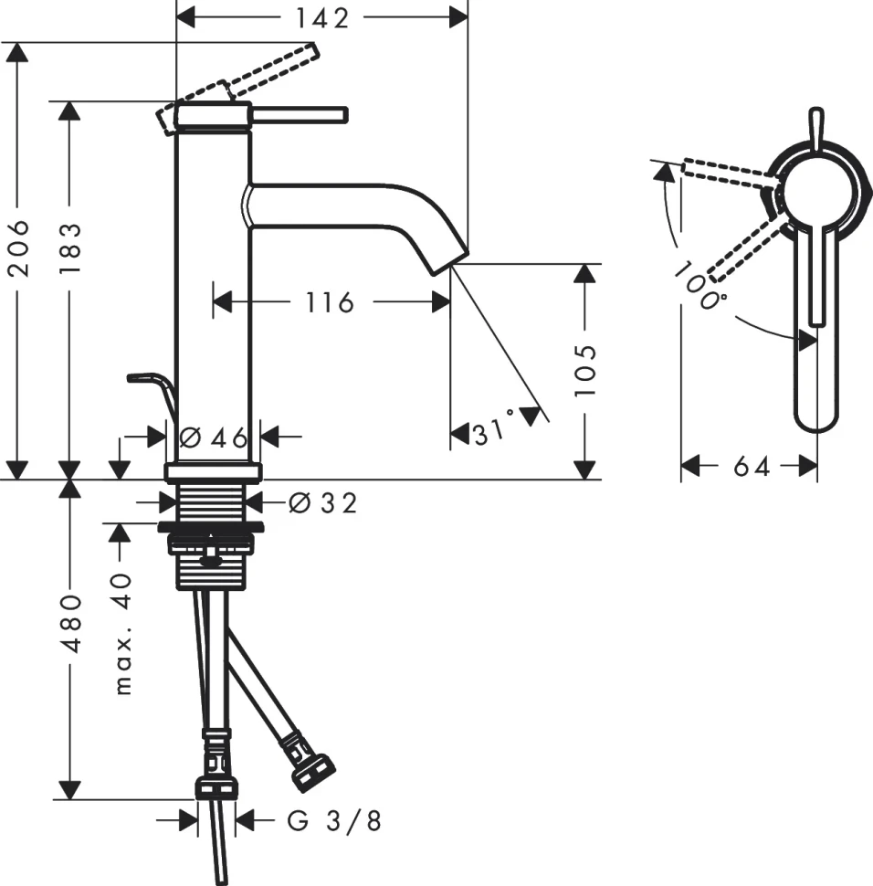 Смеситель для раковины 110, с донным клапаном, хром Hansgrohe Tecturis S 73314000