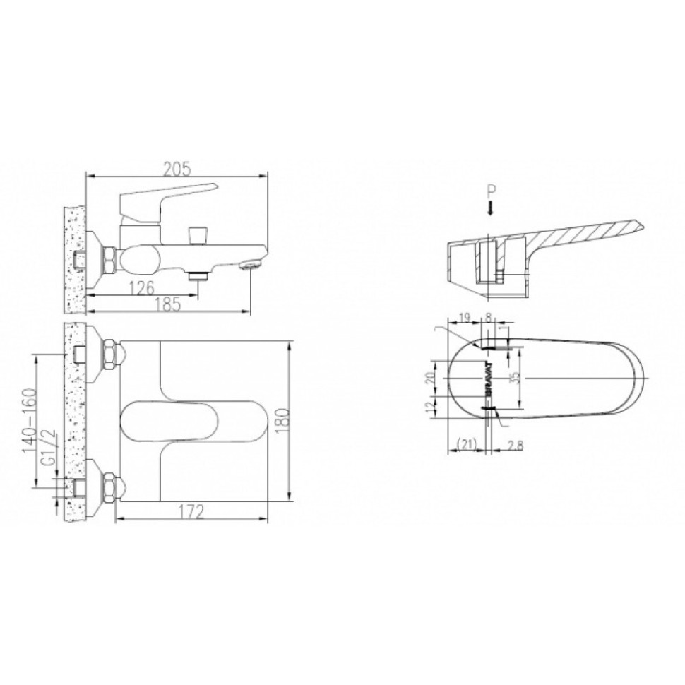 F6105161C-01 BRAVAT PURE Смеситель для ванны с коротким изливом (к/к 8)