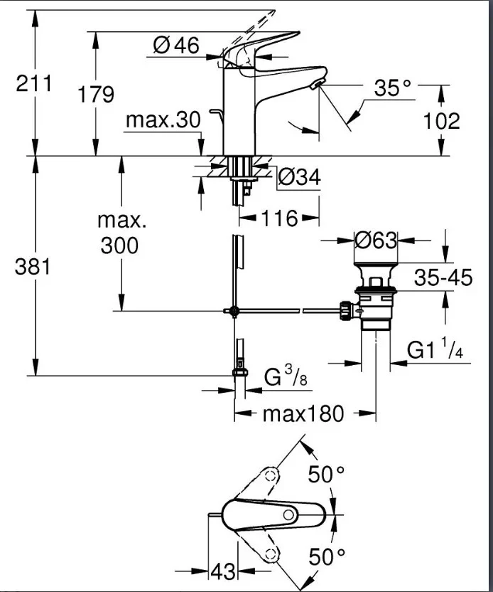 Смеситель для раковины с донным клапаном, размер M, хром Grohe Euroeco 24268001