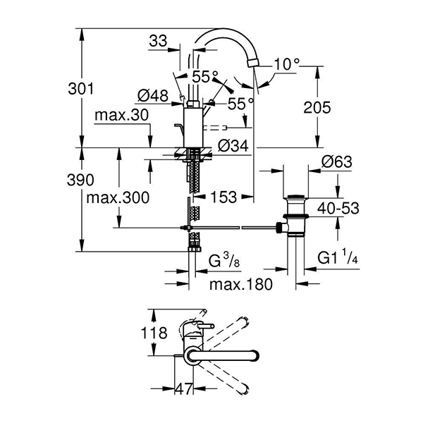 Смеситель для раковины с донным клапаном, размер L, хром Grohe Concetto 32629001