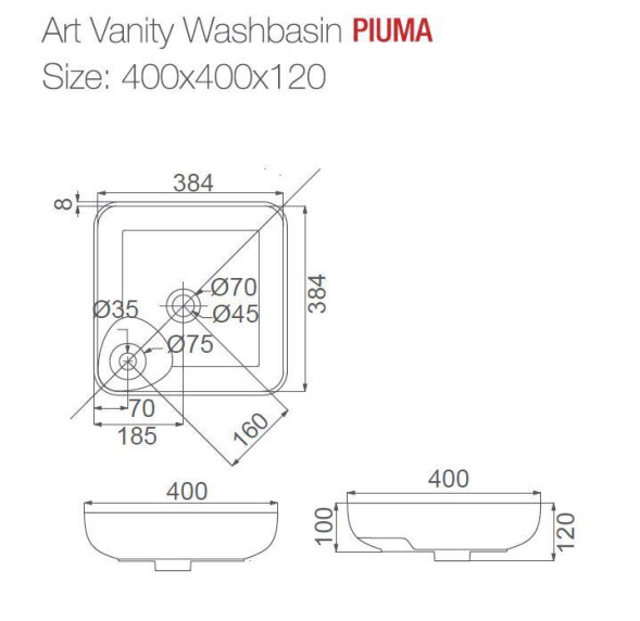 PU3700 Накладная раковина-чаша квадратная 400x400x120 с отв. под смеситель белая HDA057