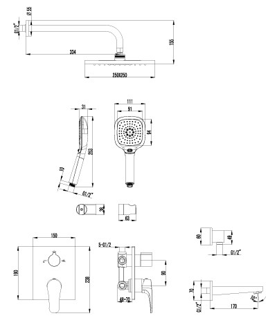 LM4322C Шифт Смеситель для ванны и душа встраиваемый (Троп дождь, излив, лейка) (к/к 4)