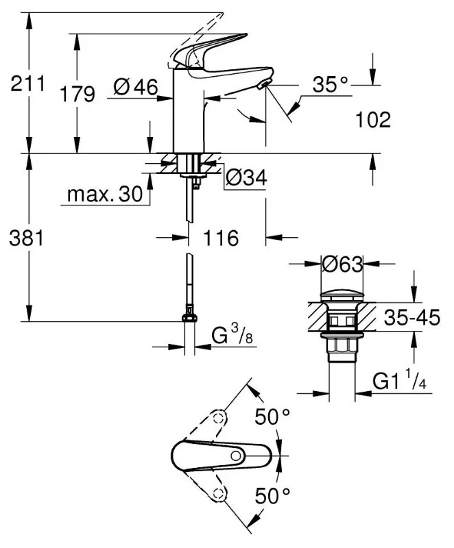 Смеситель для раковины с донным клапаном, размер M, хром Grohe Euroeco 24267001