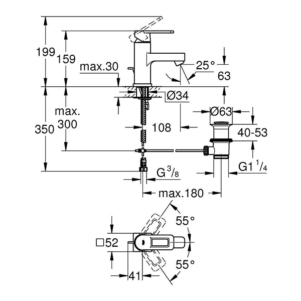 Смеситель для раковины с донным клапаном, размер S, хром Grohe Quadra 32631000