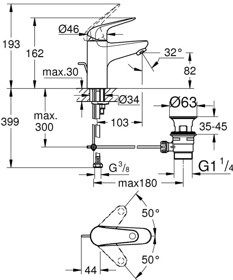 Смеситель для раковины GROHE Euroeco 23262001 с донным клапаном, хром (23262001)