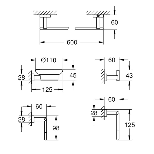 Набор аксессуаров, 5 предметов, хром Grohe Essentials Cube 40758001