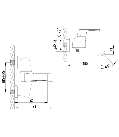 LM4514C Юнит Смеситель для ванны с фикс. плоск.изливом 107мм,боковой дивертор с кера, хром (к/к 8)