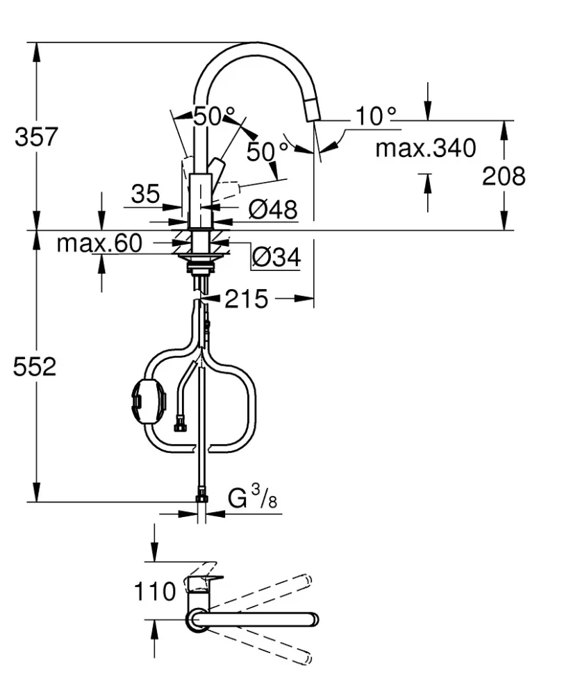 Сместель для мойки GROHE BauEdge однорычажный 1/2″, DN 15, хром (30536000)