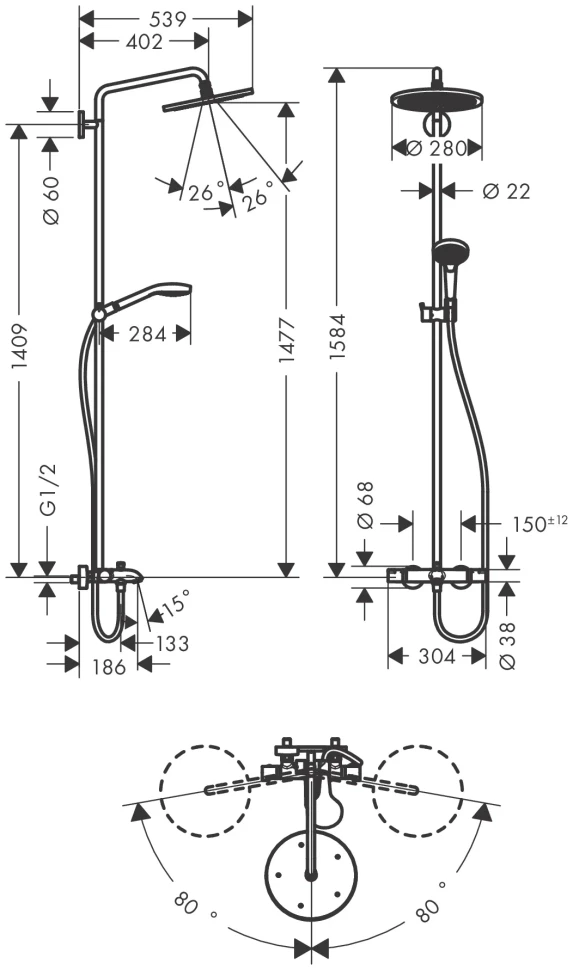Душевая система с термостатом для ванны, хром Hansgrohe Croma Select S Showerpipe 280 26792000