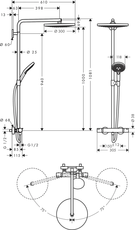 Душевая система с термостатом для душа, хром Hansgrohe Raindance Select S Showerpipe 300 27133000