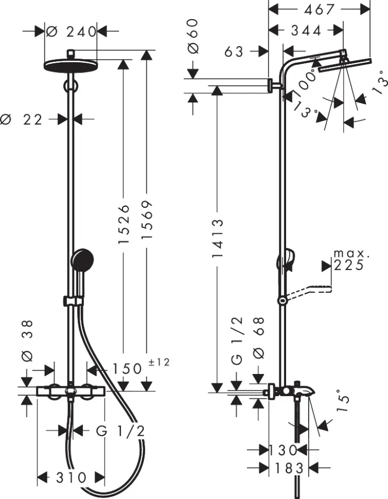 Душевая система с термостатом для ванны, хром Hansgrohe Activera S Showerpipe 240 1jet 28871000