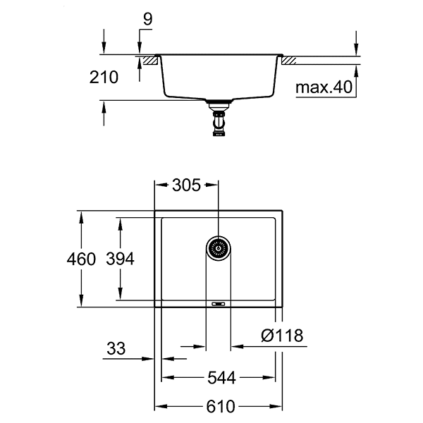 Мойка K700, композитная, с 1 чашей, 610х460, черный гранит Grohe 31655AP0