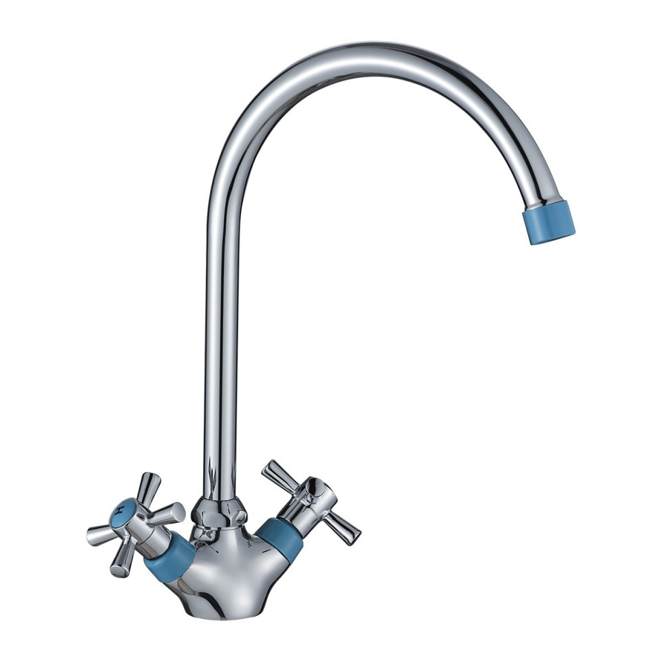 DR51028-Blue Смеситель двуручный для кухни с поворотным изливом, синий/хром
