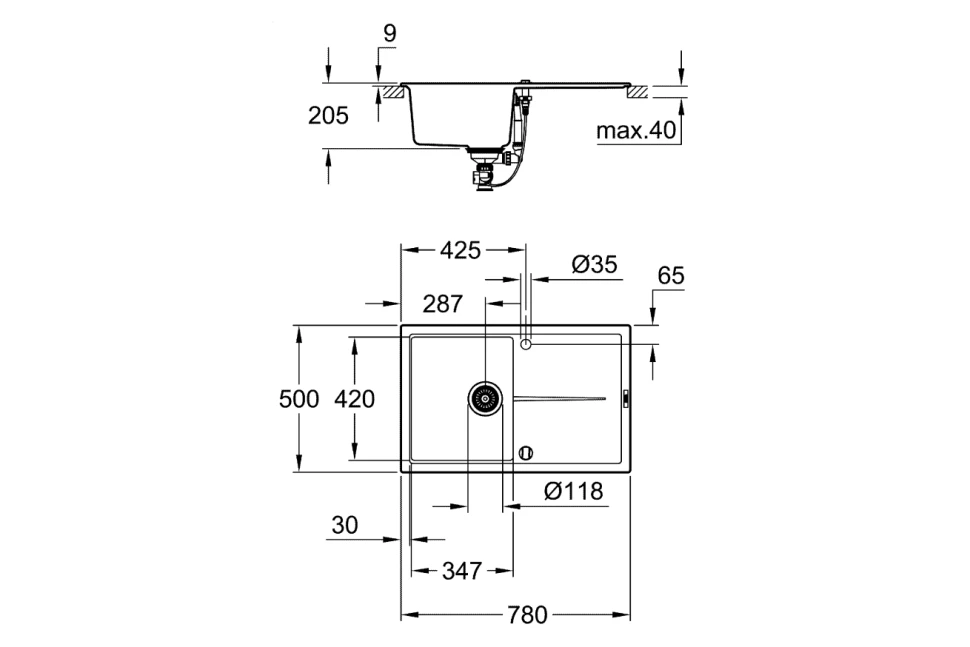 K400 50-C 78/50 1.0 Композитная мойка с одной чашей и крылом, оборачиваемая, с корзинчатым вентилем